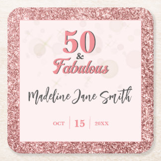 50 and Fabulous Birthday Elegant Roos Roze Glitter Kartonnen Onderzetters