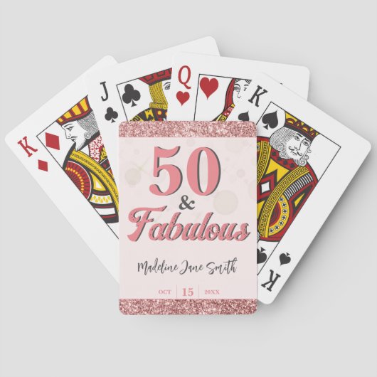 50 and Fabulous Birthday Elegant Roos Roze Glitter Pokerkaarten (Achterkant)