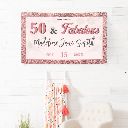 50 and Fabulous Birthday Elegant Roos Roze Glitter Spandoek (Insitu)