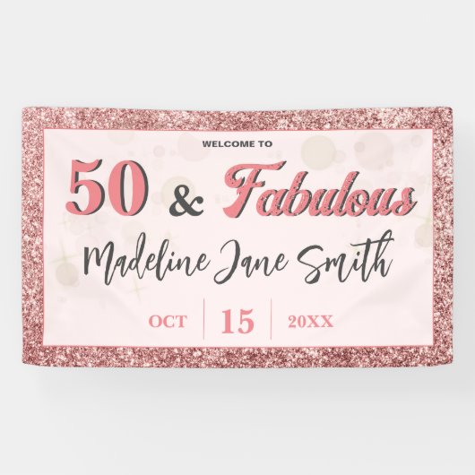 50 and Fabulous Birthday Elegant Roos Roze Glitter Spandoek (Horizontaal)