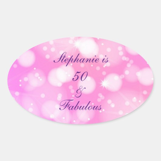 50 and Fabulous Birthday Pink Rose Paarse glitter Ovale Sticker (Voorkant)