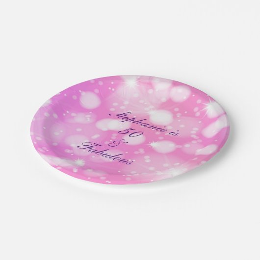 50 and Fabulous Birthday Pink Rose Paarse glitter Papieren Bordje (Gekanteld)