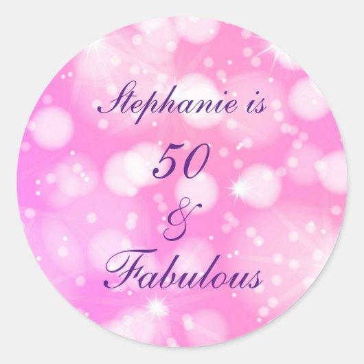 50 and Fabulous Birthday Pink Rose Paarse glitter Ronde Sticker (Voorkant)