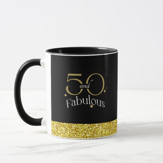 50 and Fabulous Elegant Script Zwart Goud Glitter Mok (Links)