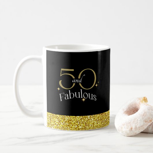 50 and Fabulous Elegant Script Zwart Goud Glitter Mok (Met donut)