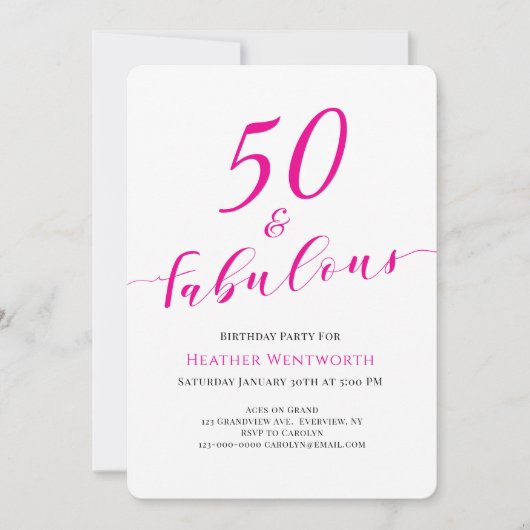 50 and Fabulous Fiftieth Birthday Hot Pink Script Kaart (Voorkant)
