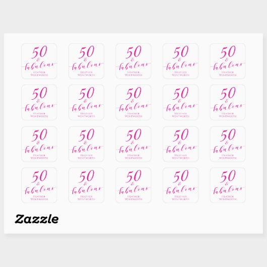 50 and Fabulous Fiftieth Birthday Hot Pink Script Vierkante Sticker (Vel)