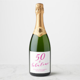 50 and Fabulous Fiftieth Birthday Pink Name Date  Sparkling Wijnetiket