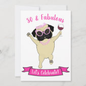 50 and Fabulous Funny Pug Dog Diva Roze Verjaardag Kaart (Voorkant)