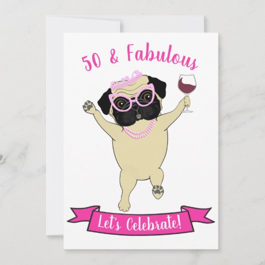 50 and Fabulous Funny Pug Dog Diva Roze Verjaardag Kaart (Voorkant)