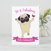 50 and Fabulous Funny Pug Dog Diva Roze Verjaardag Kaart (Staand voorkant)