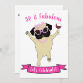 50 and Fabulous Funny Pug Dog Diva Roze Verjaardag Kaart (Voorkant / Achterkant)