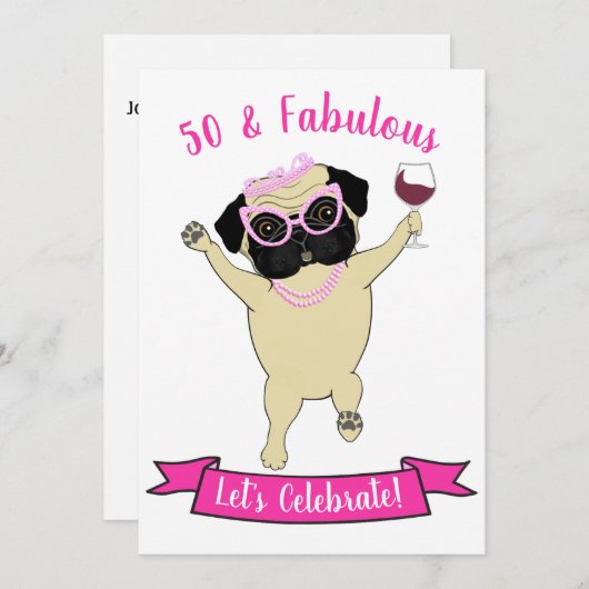 50 and Fabulous Funny Pug Dog Diva Roze Verjaardag Kaart (Voorkant / Achterkant)