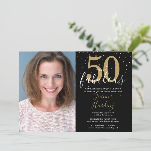 50 and Fabulous Gold Black 50th Birthday Foto Kaart (Staand voorkant)