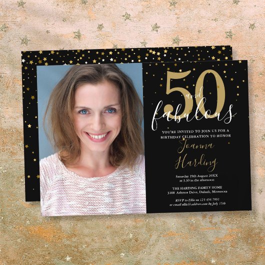 50 and Fabulous Gold Black 50th Birthday Foto Kaart