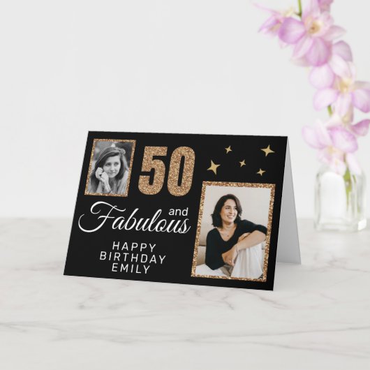 50 and Fabulous Gold Glitter 2 Photo 50th Birthday Kaart (Orchidee)