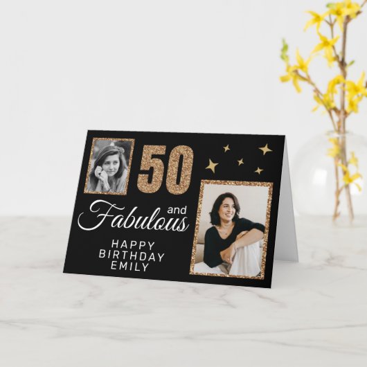 50 and Fabulous Gold Glitter 2 Photo 50th Birthday Kaart (Gele Bloem)