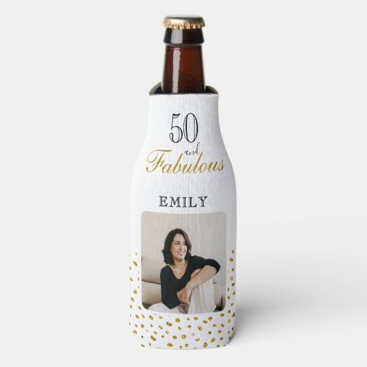 50 and Fabulous Gold Glitter Photo 50th Birthday Flesjeskoeler (Fles Voorkant)