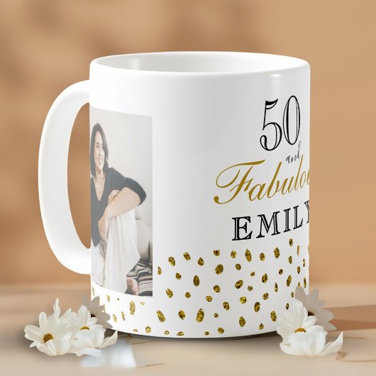 50 and Fabulous Gold Glitter Photo 50th Birthday Koffiemok