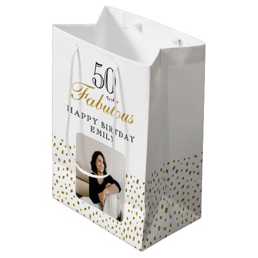 50 and Fabulous Gold Glitter Photo 50th Birthday Medium Cadeauzakje (Voorkant Gekanteld)