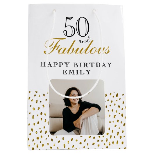 50 and Fabulous Gold Glitter Photo 50th Birthday Medium Cadeauzakje (Voorkant)