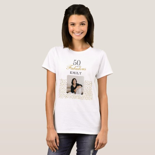 50 and Fabulous Gold Glitter Photo 50th Birthday T-shirt (Voorkant volledig)