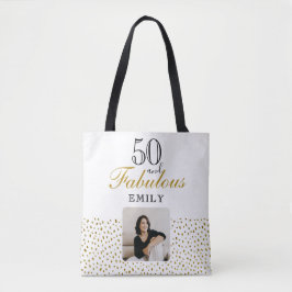 50 and Fabulous Gold Glitter Photo 50th Birthday Tote Bag