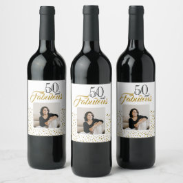 50 and Fabulous Gold Glitter Photo 50th Birthday Wijn Etiket