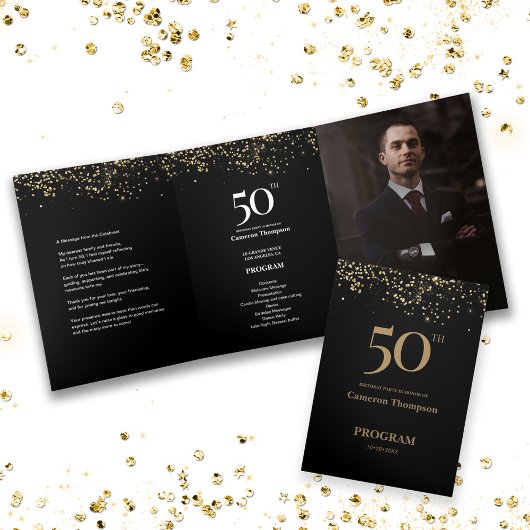 50 and fabulous Male Birthday Program with photo Drieluik Kaart
