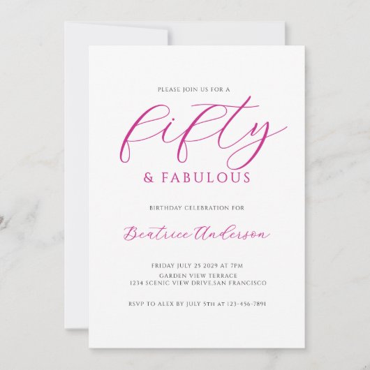 50 and Fabulous Pink White Birthday Party Kaart (Voorkant)