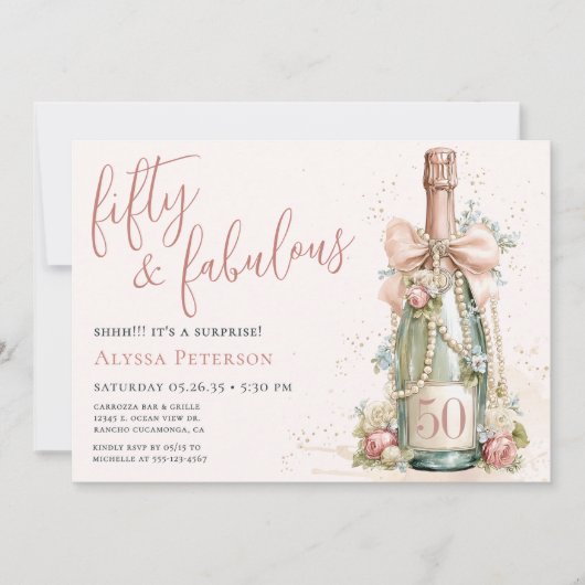 50 And Fabulous Rose Gold Script Surprise Party Kaart (Voorkant)