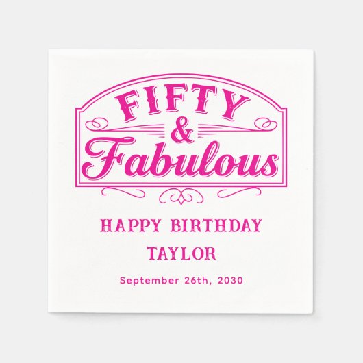50 and Fabulous Rustic Script Line Art Pink Servet (Voorkant)