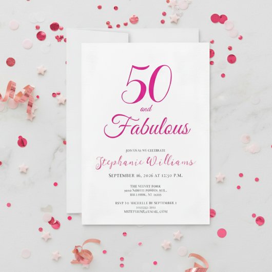 50 and Fabulous Script Pink 50th Birthday Party Kaart
