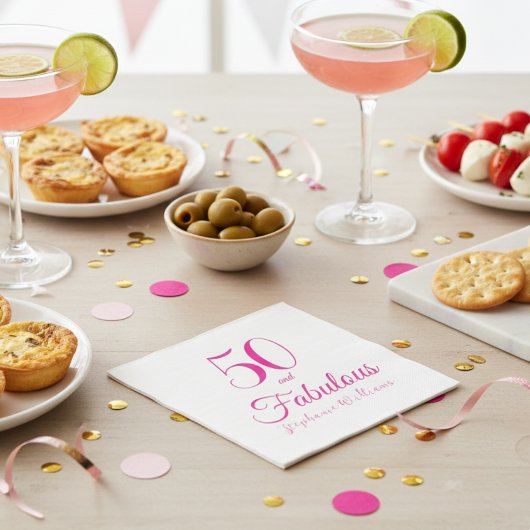 50 and Fabulous Script Pink 50th Birthday Party Servet