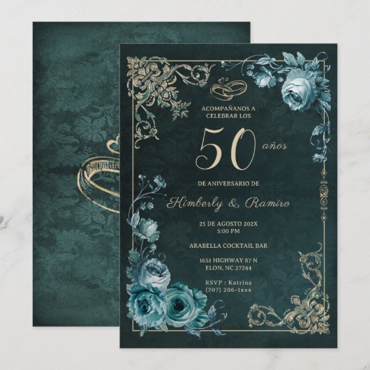 50 Aniversario Bloemen Vintage Kaart (Voorkant / Achterkant)