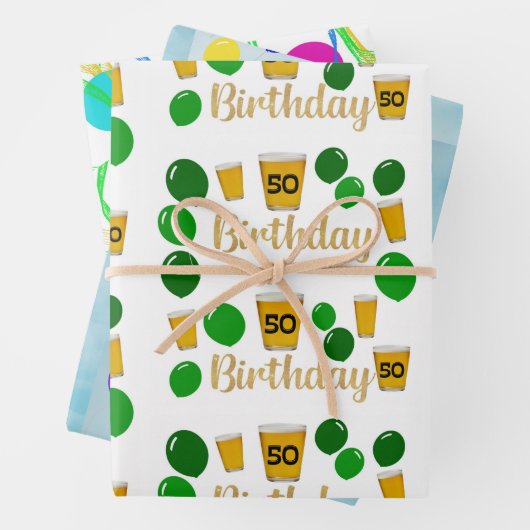 50 bier, gelukkige verjaardag, kringen kronkelt inpakpapier vel (In situ)