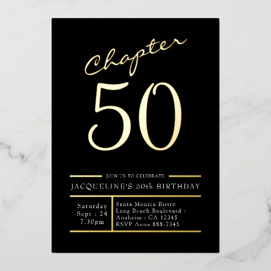 50 Black 50th Birthday Party Gold Folie Uitnodiging (Voorkant)