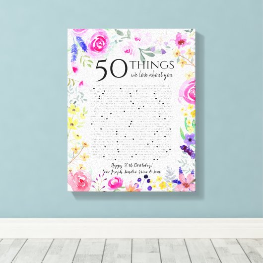 50 dingen waar we van houden, waterverf bloemen mo canvas afdruk (Insitu (Houten vloer))