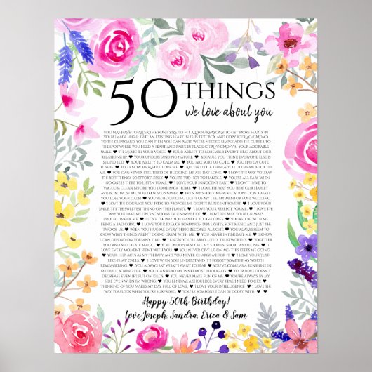 50 dingen waar we van houden, waterverf bloemen mo poster (Voorkant)