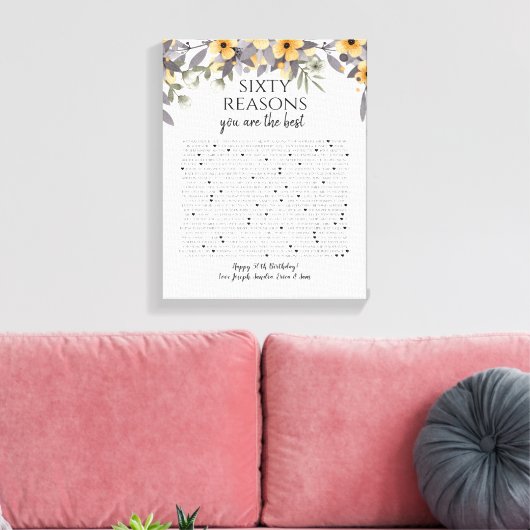 50 dingen waar we van houden, zilvergele bloemen canvas afdruk (Insitu (Woonkamer))