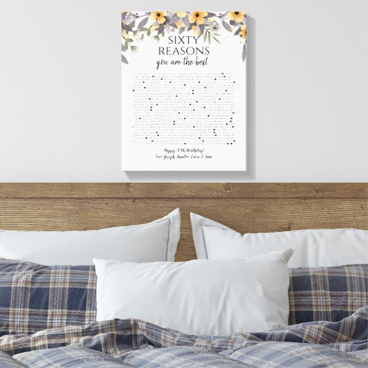 50 dingen waar we van houden, zilvergele bloemen canvas afdruk (Insitu (Slaapkamer))