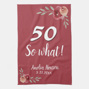 50 Dus wat Rode Waterverf Roos 50ste Verjaardag Theedoek