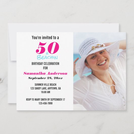 50 en Beachin Birthday Party Photo Invitation Kaart (Voorkant)
