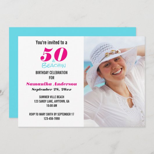 50 en Beachin Birthday Party Photo Invitation Kaart (Voorkant / Achterkant)