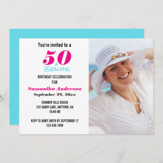 50 en Beachin Birthday Party Photo Invitation Kaart