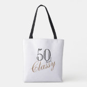 50 en Classy Black Elegant Pink Script Birthday Tote Bag (Achterkant)