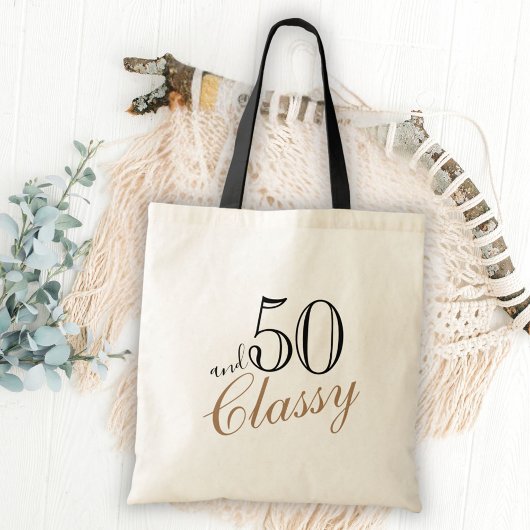 50 en Classy Elegant Black Golden Script Birthday Tote Bag