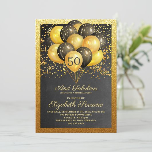 50 en de Fabulous Gold Black glitter-uitnodiging Kaart (Staand voorkant)