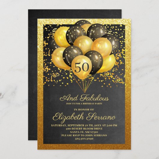 50 en de Fabulous Gold Black glitter-uitnodiging Kaart (Voorkant / Achterkant)