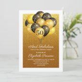 50 en de Fabulous Gold Glitter Black Balloons Part Kaart (Staand voorkant)